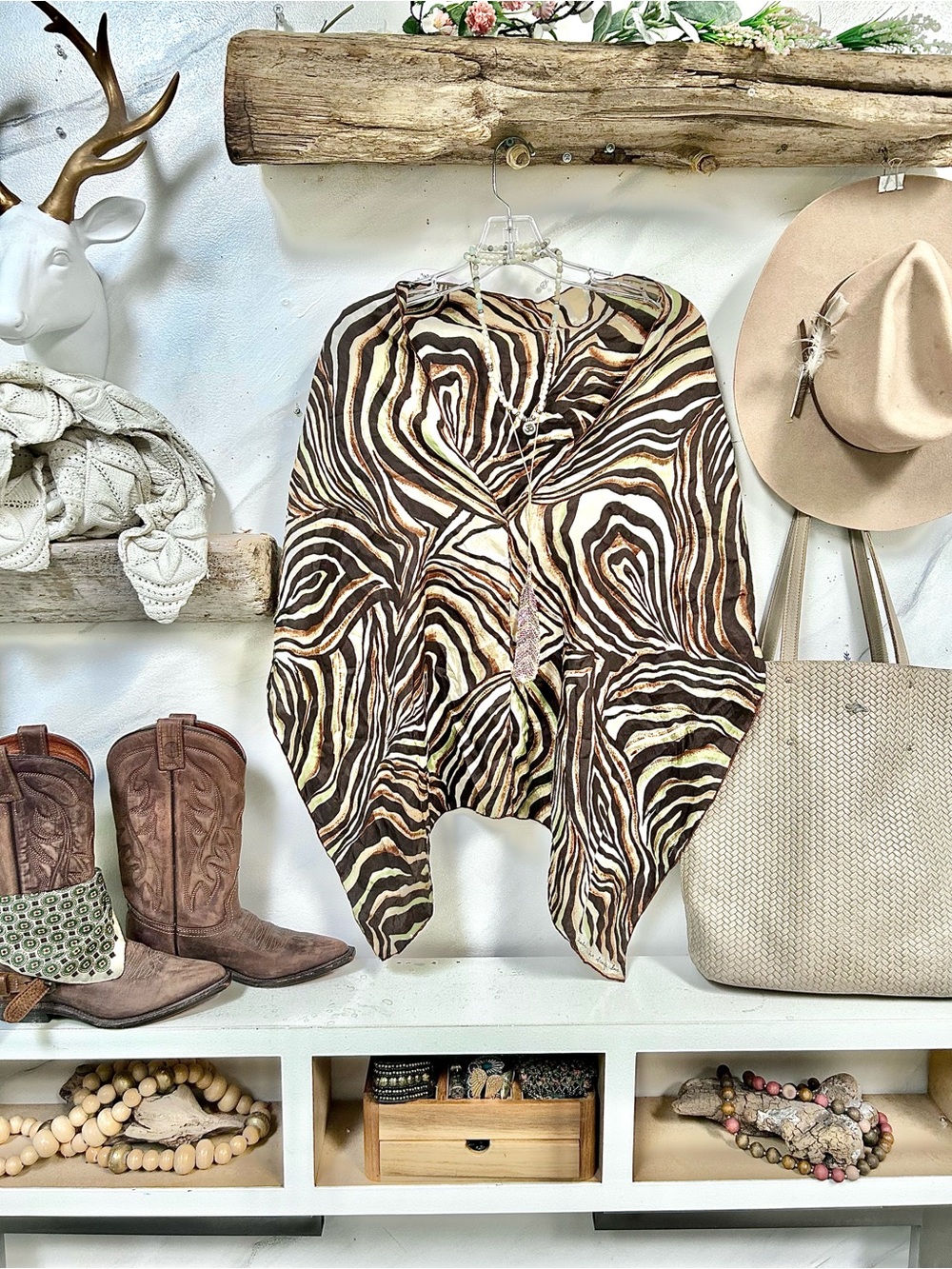 SILK Zebra-Print Draped Shawl/body cover up in Brown and Cream resort beach vibe